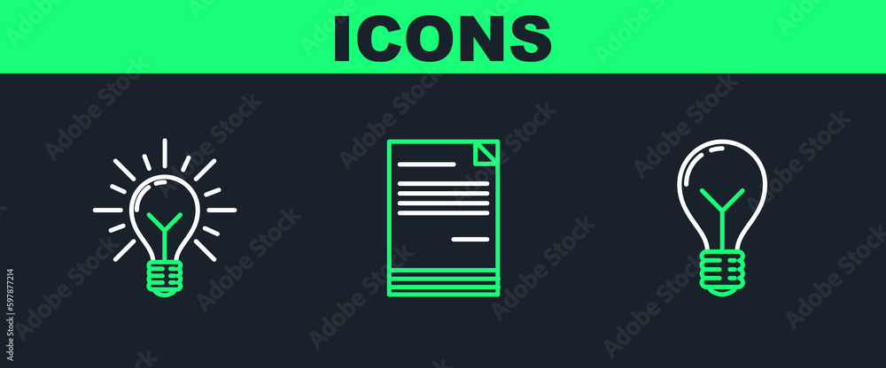 Aufkleber set line light bulb with concept of idea, rays shine and and document icon. vector