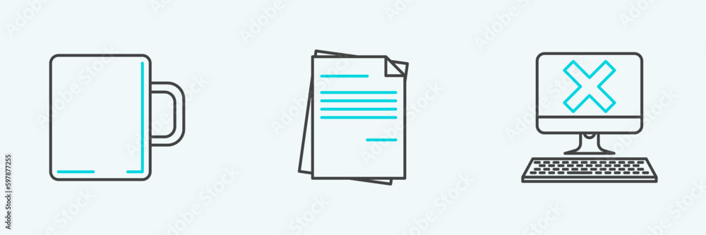 Sticker Set line Computer with keyboard and x mark, Coffee cup and File document icon. Vector