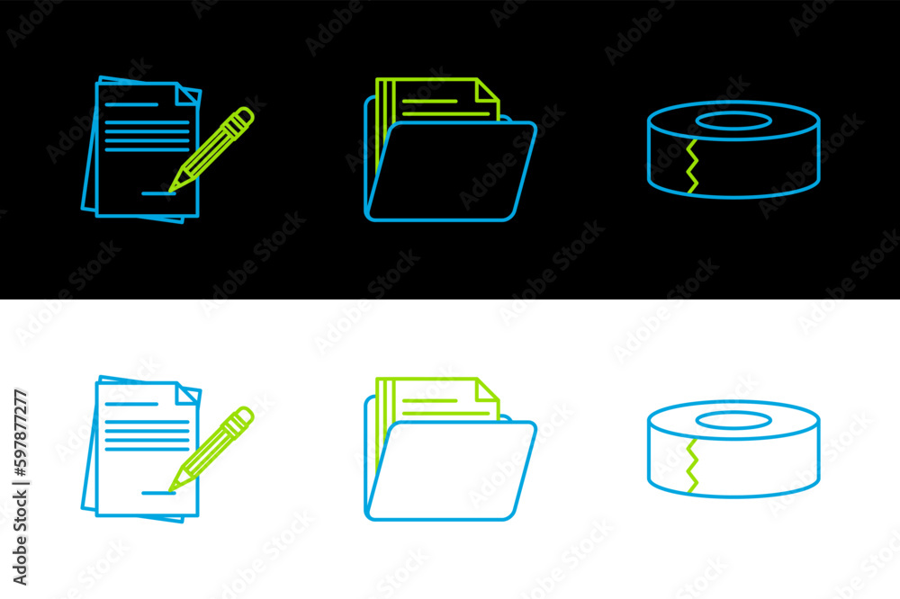 Poster set line scotch, blank notebook and pencil with eraser and document folder icon. vector
