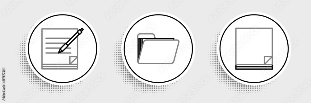 Poster set line file document, blank notebook and pen and document folder icon. vector