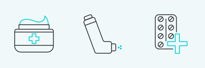 Set line Pills in blister pack, Ointment cream tube medicine and Inhaler icon. Vector