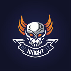 sign logo a skull with wings and a banner that says knight on it.