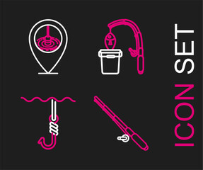 Set line Fishing rod, hook under water, and fish and Location fishing icon. Vector