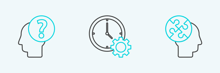 Set line Human head puzzles strategy, with question mark and Time Management icon. Vector