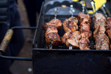 Close-up of a barbecue. Grilled meat. Skewers and barbecue