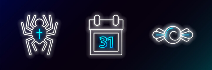 Set line Candy, Spider and Calendar with Halloween date 31 october icon. Glowing neon. Vector