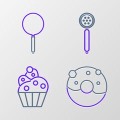 Set line Donut with sweet glaze, Cupcake, Strainer spoon and Frying pan icon. Vector