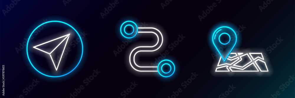 Poster set line folded map with location marker, paper airplane and route icon. glowing neon. vector