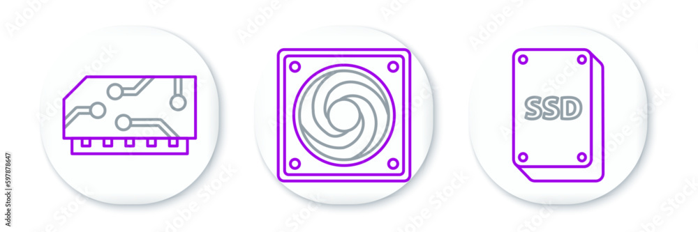 Poster set line ssd card, ram, random access memory and computer cooler icon. vector