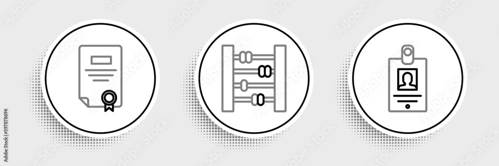 Poster set line identification badge, certificate template and abacus icon. vector