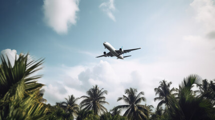 Fototapeta na wymiar Airplane on tropical background. Illustration AI Generative.