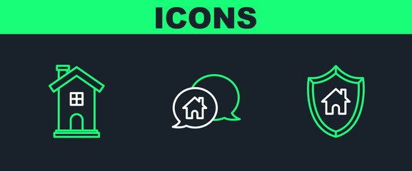 Set line House with shield, Home symbol and building in speech bubble icon. Vector