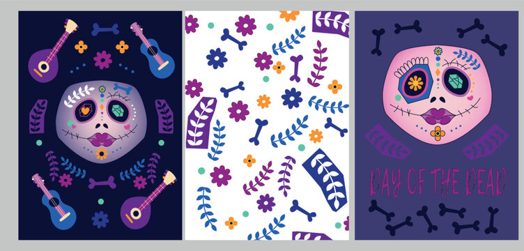 Set of printable posters with sugar skulls. Vector cute illustrations for Mexican Day of the Dead. 