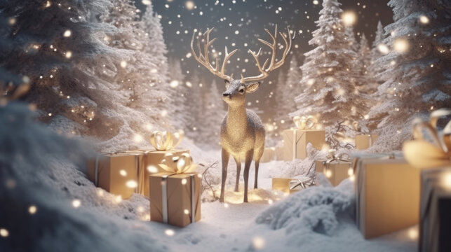 Magic deer in fairy forest. Illustration AI Generative.