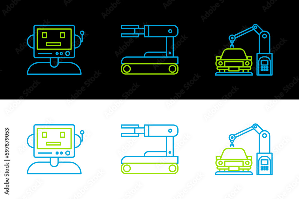 Poster set line industrial machine robotic robot arm hand, robot and icon. vector