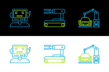 Set line Industrial machine robotic robot arm hand, Robot and icon. Vector