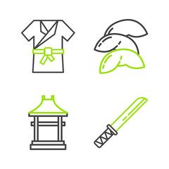 Set line Traditional Japanese katana, Gate, Chinese fortune cookie and costume Kimono icon. Vector