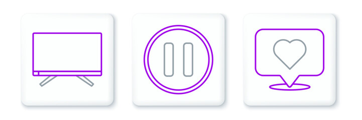 Set line Like and heart, Smart Tv and Pause button icon. Vector