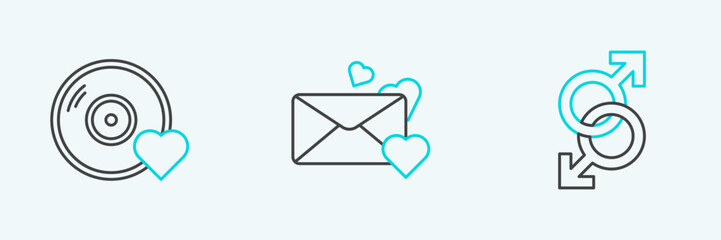 Set line Male gender symbol, Romantic music and Envelope with heart icon. Vector