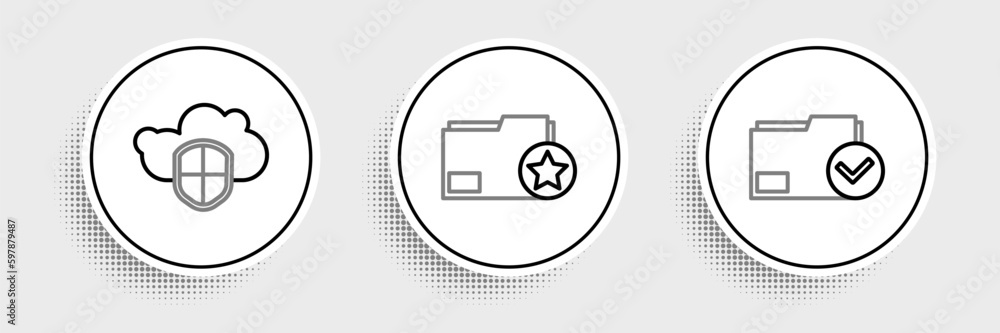 Poster set line document folder and check mark, cloud shield and with star icon. vector