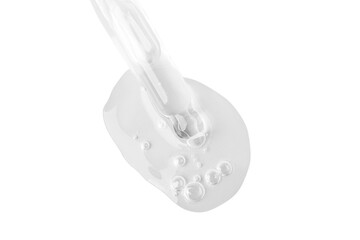A flowing transparent gel from an eyedropper.  Large droplet with bubbles of gel. No background. PNG