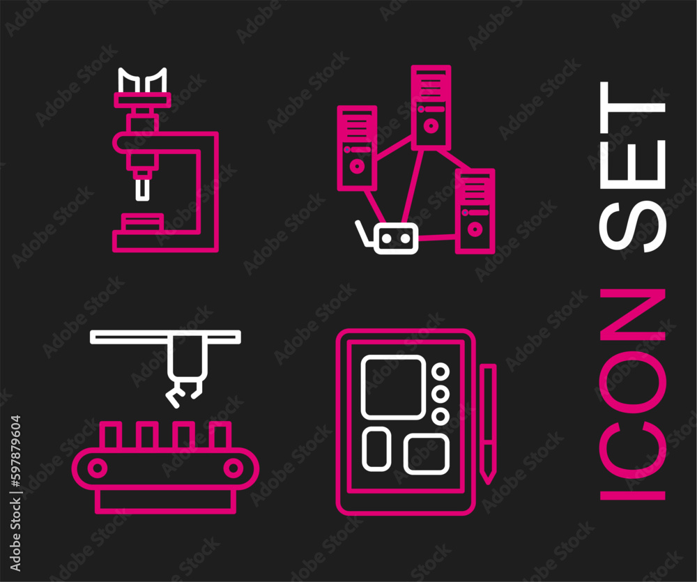 Poster set line graphic tablet, factory conveyor system belt, computer network and microscope icon. vector