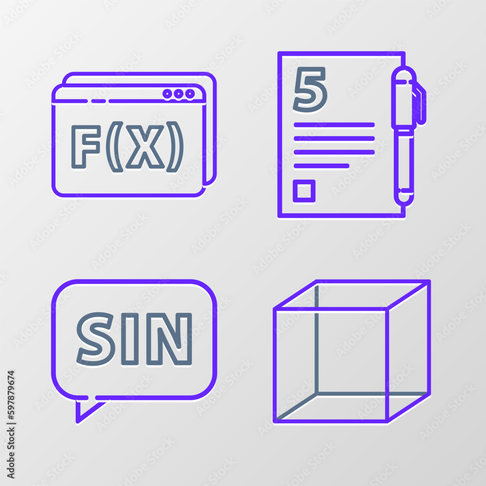 Poster set line geometric figure cube, mathematics function sine, test or exam sheet and pen and function m