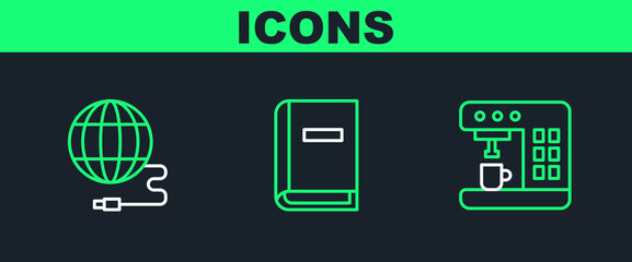 Set line Coffee machine, Social network and User manual icon. Vector
