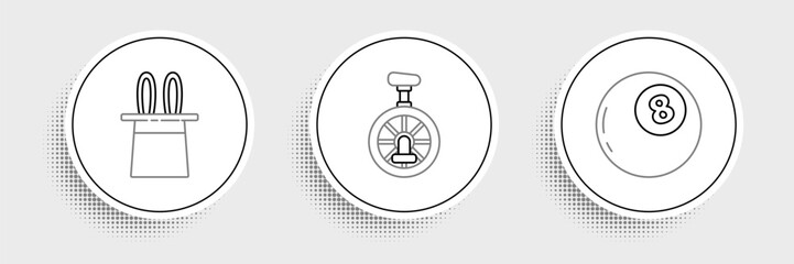 Set line Magic ball of predictions, Magician hat and rabbit ears and Unicycle or one wheel bicycle icon. Vector © Oksana