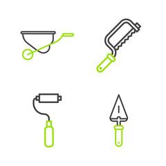 Set line Trowel, Paint roller brush, Hacksaw and Wheelbarrow icon. Vector