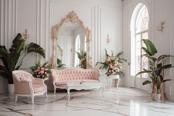 Fototapeta na wymiar Luxurious Interior Design: Classic White, Banana Leaves, Pink Roses & Wall Lamps. Generative AI