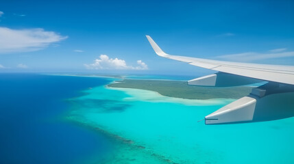 Fototapeta na wymiar Airplane on tropical background. Illustration AI Generative.