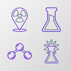 Set line Test tube and flask, Molecule, and Radioactive in location icon. Vector