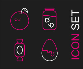 Set line Chocolate egg, Candy, Strawberry jam jar and Apple icon. Vector