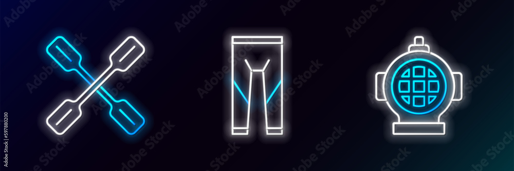 Sticker Set line Aqualung, Paddle and Wetsuit icon. Glowing neon. Vector