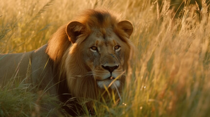 Obraz premium Lion in high grass. Illustration AI Generative.