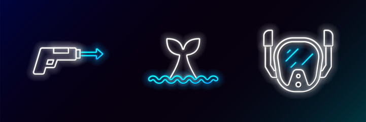 Set line Diving mask, Fishing harpoon and Whale tail ocean wave icon. Glowing neon. Vector