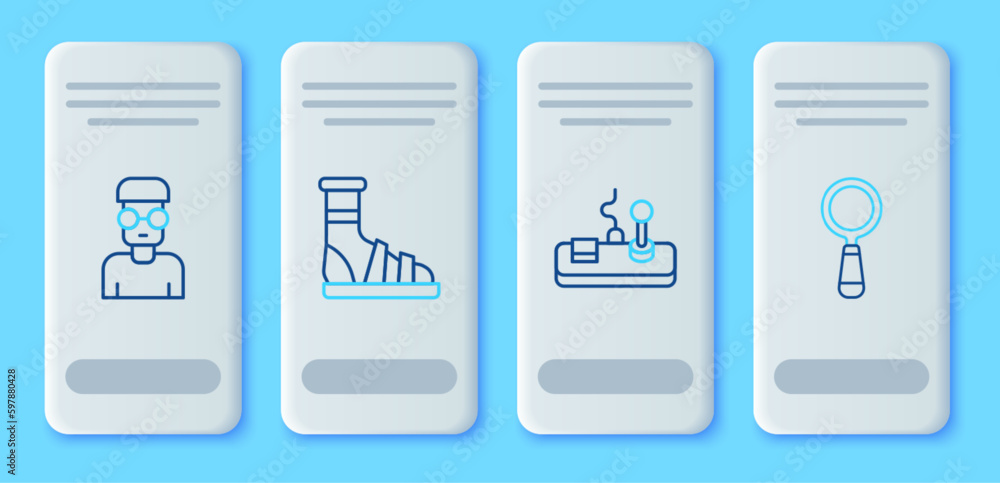 Poster set line slippers with socks, gamepad, nerd geek and magnifying glass icon. vector