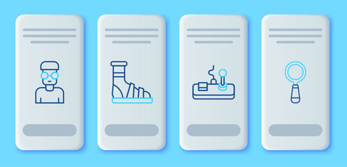 Set line Slippers with socks, Gamepad, Nerd geek and Magnifying glass icon. Vector
