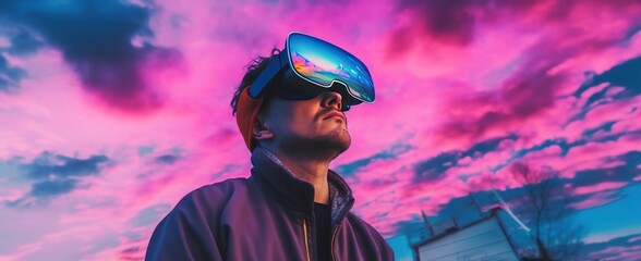 A futuristic cityscape illuminated by neon lights as a person explores a virtual reality world, hinting at the immersive possibilities of future technology.