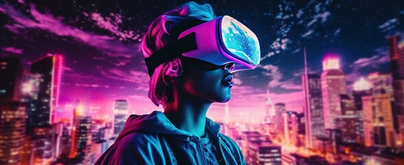 A futuristic cityscape illuminated by neon lights as a person explores a virtual reality world, hinting at the immersive possibilities of future technology, game
