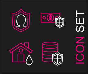 Set line Money with shield, House flood, and Life insurance icon. Vector