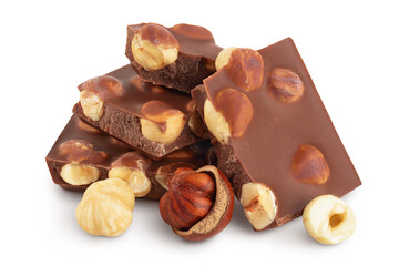 Chocolate with hazelnuts isolated on white background with full depth of field.