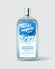 Antiseptic spray sanitizer label and packaging. Bottle with dispenser. Antibacterial liquid, antiviral and germs protection for hands and body. 