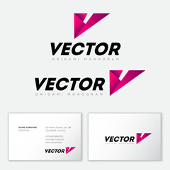 Vector logo. Letter V. Folded paper as V monogram like origami figure.