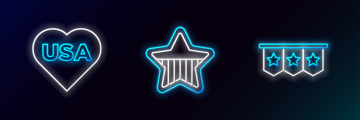 Set line Carnival garland with flags, USA Independence day and icon. Glowing neon. Vector