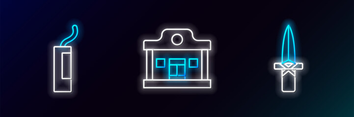 Set line Dagger, Dynamite bomb and Wild west saloon icon. Glowing neon. Vector