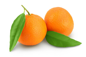 Tangerine or clementine with green leaf isolated on white background with full depth of field.