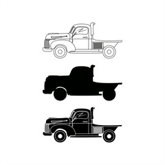 set of silhouette illustrations, signs and line art of old farm trucks