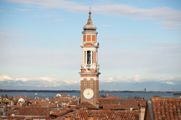 Top of the Church from Venice undersign by the snow in the mountains, region Veneto, venezia , neve